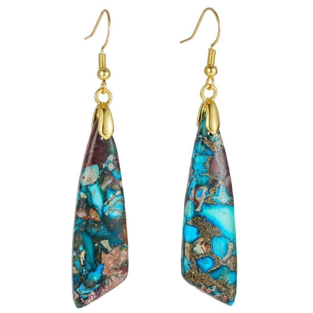 18K Yellow Gold with Natural Imperial Blue Jasper Stone Dangling Hook Earrings